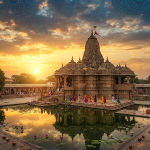A majestic aerial view of Gujarat's Somnath Temple during golden hour, with intricate Madhubani-style patterns flowing through the sky in swirling saffron and deep blue hues. The temple's towering shikhara is adorned with detailed traditional Gujarat architectural elements, gleaming in gold leaf texture. In the foreground, a serene reflective pool mirrors the temple, surrounded by blooming lotus flowers in soft pink and white. Small groups of devotees in traditional Gujarati attire (men in white kurtas, women in colorful chaniya cholis) walk along ornate stone pathways. The scene is complemented by floating diyas, their warm light creating a mystical atmosphere. Ethereal peacock blue and gold mandalas hover in the sky, while stylized stone elephants guard the temple entrance. The sun sets behind the temple creating a divine glow, with rays of light breaking through clouds in the Pattachitra art style. The overall composition combines photorealistic architecture with mystical Indian art elements, creating a harmonious blend of ancient and contemporary spiritual aesthetics.