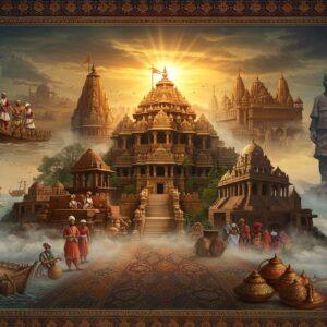 A grand, panoramic digital artwork showcasing multiple eras of Gujarat's history seamlessly blending into each other. In the center, a majestic Somnath Temple in gold and marble rises, with sun rays creating a divine aura. To the left, ancient maritime trade scenes with detailed wooden ships at Lothal port, merchants in period-accurate clothing trading colorful textiles and spices. To the right, modern Gujarat featuring the Statue of Unity emerging from mist. The foreground shows intricate Patola textile patterns flowing like a timeline. The scene includes symbolic elements like the facing lion capitals of Ashoka, stepped wells, and traditional Gujarat handicrafts. The color palette combines deep royal blues, burnt orange, and gold, with Madhubani-style decorative borders. The composition creates depth through layered architectural elements and misty atmospheric perspective. The lighting creates a dramatic effect with golden hour warmth, highlighting key historical monuments. The art style merges traditional Indian miniature painting techniques with modern digital art, featuring highly detailed ornamental patterns and textures.