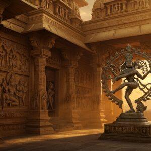 A majestic golden-hued scene showcasing a grand Gupta-era temple with intricate carved pillars and ornate spires against a warm sunset sky. In the foreground, detailed sculpture of a dancing Nataraja in classical Gupta style with perfect proportions and flowing movement. The temple walls feature elaborate reliefs depicting scenes from Hindu mythology in the distinctive Gupta style with smooth curves and refined features. Beautiful bronze and copper statues with serene expressions characteristic of Gupta art period stand in the courtyard. Ethereal light streams through the temple's ornamental windows creating dramatic shadows. The scene includes delicate lotus motifs, detailed geometric patterns, and Sanskrit inscriptions carved into the temple walls. The architecture showcases the signature Gupta elements - shikhara towers, amalaka designs, and richly decorated torana gateways. The entire composition has a dreamy, luminescent quality with soft glowing highlights in peacock blue and deep maroon accents. The art style combines hyperrealistic architectural details with ethereal lighting and mystical atmosphere, rendered in rich jewel tones with gold leaf effects. Photorealistic texturing on the stone and metal surfaces. Cinematic lighting with god rays filtering through the temple structure.