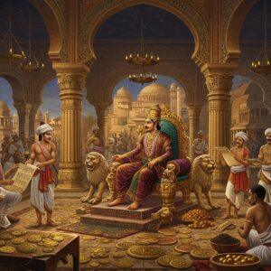 A majestic Indian royal court scene set in a grand, ornate Gupta-era palace hall with soaring columns adorned with intricate gold patterns and peacock motifs. The Emperor sits on an elevated golden throne with lion pedestals, wearing rich silk robes in deep maroon with gold embroidery, adorned with precious gems and the distinctive Gupta crown. Around him are royal ministers in formal attire managing scrolls and copper plates. The foreground shows artisans crafting gold coins with the Gupta dynasty seal, while merchants display silk textiles, spices, and jewels. Through massive arched windows, glimpses of prosperous city streets with Sanskrit-inscribed monuments and busy trading posts. The scene is illuminated by hanging oil lamps creating a warm golden glow. The art style combines traditional Ajanta cave painting techniques with modern digital rendering, featuring rich jewel tones of royal blue, deep red, and burnished gold. Intricate mandala patterns form a subtle backdrop, while floating lotus motifs frame the scene. The overall composition suggests power, prosperity, and sophisticated administration.