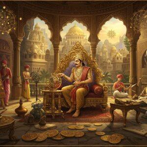A majestic scene depicting a golden-hued royal court of the Gupta period, featuring an ornate throne room with intricate geometric patterns and lotus motifs carved in marble. In the center, a noble Indian ruler in rich silk dhoti and gold crown studies astronomical instruments while surrounded by scholars in traditional dress. To the left, artisans craft detailed bronze sculptures and paint vibrant frescos reminiscent of Ajanta caves. To the right, mathematicians write on palm leaves near an ancient observatory. The background shows the magnificent architecture of Nalanda University with its multi-tiered buildings. Soft ethereal light streams through ornate jharokhas, creating dramatic shadows. The scene is adorned with period-accurate details like peacock motifs, Sanskrit inscriptions, and Gupta-era coins scattered on a jeweled table. The art style merges traditional Madhubani patterns with modern digital rendering, using a rich color palette of deep gold, royal purple, and copper tones. Floating mandalas and sacred geometry patterns add a mystical quality while maintaining historical accuracy. The atmosphere conveys both scholarly wisdom and imperial grandeur characteristic of India's golden age.