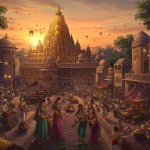 A grand panoramic scene of ancient Gupta empire marketplace, richly detailed in Madhubani-digital fusion style. In the center, a magnificent golden-spired temple with intricate Sanskrit architectural details rises against a warm sunset sky. The foreground shows a bustling marketplace with Indian merchants in fine silk clothing trading gold coins, precious gems, and spices. To the left, skilled artisans work on detailed metal sculptures and delicate textile weaving. On the right, scholars in traditional dress discuss texts near a library structure. The scene includes period-accurate details like Gupta-era clothing, jewelry, and architecture. Multiple levels of activities visible, with dancers performing in a courtyard, astronomers with celestial instruments, and artists painting murals. The color palette features rich imperial purples, royal blues, and lustrous golds, with intricate paisley and mandala patterns woven throughout the scene. Soft glowing lanterns illuminate the scene, creating a magical atmosphere. The overall composition balances historical accuracy with ethereal, dreamlike quality, rendered in ultra-detailed, cinematic style with atmospheric lighting.