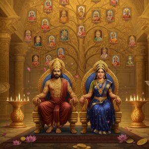 A majestic Indian royal court scene set in a grand, ornate golden palace hall with intricate Gupta-era architectural details and carved pillars. In the center, Emperor Chandragupta I and Queen Kumaradevi sit on elaborate golden thrones adorned with lotus motifs and precious gems. The Emperor wears a rich maroon dhoti, golden crown with precious stones, and multiple layers of gold jewelry. The Queen is dressed in a deep blue silk saree with gold border, wearing traditional Gupta-period jewelry including a distinctive tiered crown. Behind them stands a large, detailed family tree rendered in the style of a sacred Bodhi tree, with golden leaves and branches connecting portraits of Gupta rulers. The scene is illuminated by warm, ethereal light filtering through carved stone windows. The foreground features court scholars holding copper plate inscriptions and palm leaf manuscripts. Artistic elements include floating lotus petals, glowing mandalas, and Gupta-period coins scattered around the composition. The art style combines traditional Pattachitra techniques with modern digital fantasy art, using a rich color palette of deep gold, royal purple, peacock blue, and crimson. The scene should have a sense of timeless regality and historical authenticity while maintaining a dreamy, ethereal quality.