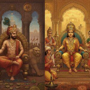 A grand split-screen composition showcasing two majestic Indian royal courts side by side, divided by an ornate golden peacock-designed partition. On the left, Emperor Chandragupta Maurya in austere military attire, wearing simple jewelry and a turban with peacock feathers, seated on a lion throne, surrounded by Buddhist symbols, punch-marked coins, and Ashoka pillars. On the right, Emperor Chandragupta II in elaborate golden robes and crown, adorned with precious gems, seated on an ornate throne with intricate Sanskrit inscriptions, surrounded by scholars holding palm manuscripts, mathematical instruments, and astronomical tools. The Mauryan side features earthy tones of brown, red, and grey with military formations visible through palace windows, while the Gupta side glows with golden light, showing classical dancers and musicians through arched windows. Both scenes incorporate traditional Madhubani patterns in the background, with lotus motifs and period-accurate architectural elements. The lighting creates a dramatic contrast - austere and powerful on the Mauryan side, warm and culturally rich on the Gupta side. The scene is rendered in a detailed, historically accurate style with surreal elements like floating golden mandalas and spiraling Sanskrit verses connecting both realms.