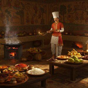 A grand medieval Indian kitchen scene with golden-hued lighting, featuring a richly dressed Gupta-era royal chef in silk dhoti and angavastram preparing elaborate dishes. The foreground showcases authentic copper and bronze utensils, ornate thalis filled with colorful spices like saffron, turmeric, and black pepper. Ancient stone mortar-pestles and iron griddles visible. Center displays an intricately carved wooden table with traditional dishes - rice, lentils in copper bowls, fresh fruits, and a peacock-shaped sweet dish. Background shows detailed Madhubani-style wall paintings depicting spice trade routes and farming scenes. Smoke from aromatic herbs creates a mystical atmosphere, with specks of spices floating in golden light. Decorative bronze oil lamps cast warm shadows. Style combines hyperrealistic textures with traditional Indian art patterns, featuring rich colors like deep maroon, burnished gold, and emerald green. Intricate mandala patterns adorn the walls and floor tiles. The scene should emit a sense of royal grandeur while maintaining historical accuracy of the Gupta period.