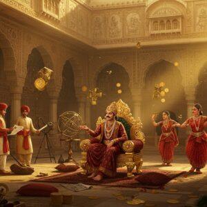 A majestic Indian palace courtyard scene during golden hour, featuring intricate Gupta-era architecture with ornate pillars and geometric patterns. In the center, a noble Gupta emperor sits on an elaborate golden throne, wearing rich silk robes in deep maroon with gold embroidery and a distinctive crown adorned with precious gems. Around him, court officials in traditional attire manage administrative scrolls and astronomical instruments. The left side shows scholars and artists, with one painting on a canvas and another studying mathematical calculations on palm leaves. The right side depicts dancers performing classical Indian dance in traditional costumes. The background showcases a massive carved wall featuring scenes from Kalidasa's works and mathematical formulas of Aryabhata. The scene is illuminated by golden light streaming through ornate jharokhas, creating dramatic shadows. Floating motifs of gold coins, Sanskrit scriptures, and astronomical symbols blend seamlessly into the composition. The art style combines traditional Madhubani patterns with modern digital art techniques, using a color palette of royal gold, deep burgundy, ivory, and peacock blue. The overall atmosphere suggests prosperity, cultural advancement, and sophisticated governance.