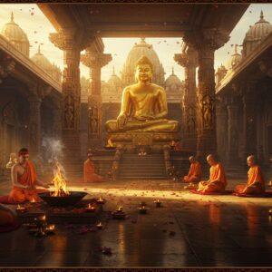 A grand, intricately detailed temple courtyard during golden hour, featuring a harmonious blend of Hindu, Buddhist, and Jain architectural elements in the Gupta style. In the center, a majestic golden statue of seated Buddha in dhyana mudra, flanked by ornate pillars with detailed carvings of Hindu deities. To the left, devotees in period-accurate Gupta-era clothing (draped dhoti, uttariya) performing a fire ritual around a decorated yajna kund with golden flames. To the right, Jain monks in white robes peacefully meditating under a carved stone pavilion. The background showcases temple spires with characteristic Gupta-era curvilinear shikhara architecture, decorated with intricate geometric patterns and floral motifs. Soft rays of sunlight filter through ornamental windows, creating dramatic light patterns on the polished stone floor. Floating lotus petals, incense smoke, and small oil lamps add atmospheric elements. The scene combines Madhubani-style decorative patterns in the borders with photorealistic architectural details. Color palette includes deep maroons, burnished gold, ivory, and earth tones. The lighting should be warm and ethereal, suggesting spiritual transcendence. Hyper-detailed, cinematic composition with dramatic depth of field.