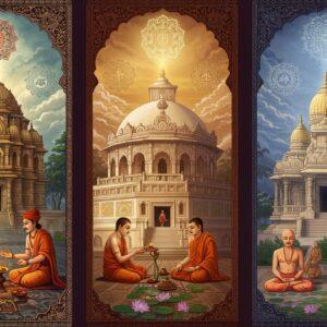A grand triptych-style composition showcasing three ornate Indian temple structures side by side - a Hindu Vishnu temple with shikhara, a Buddhist stupa with elaborate railings, and a Jain temple with intricate spires, all rendered in classical Gupta architecture style with rich golden hues. In the foreground, three distinct groups of devotees in period-accurate Gupta-era clothing: Hindu priests performing a fire ritual with copper vessels, Buddhist monks in saffron robes meditating near lotus flowers, and Jain ascetics in white robes practicing meditation. The scene is illuminated by ethereal light streaming through clouds, casting a divine glow on the structures. Intricate Madhubani-style patterns adorn the borders, featuring peacock motifs, lotus flowers, and geometric designs in deep maroon, royal blue, and gold. The background shows a stylized landscape with sacred trees - a Banyan, Bodhi, and Ashoka tree. Floating mandalas specific to each religion hover above their respective temples, emitting soft, spiritual light. The art style combines traditional Indian temple architecture with modern digital painting techniques, creating a harmonious blend of historical accuracy and contemporary aesthetics.