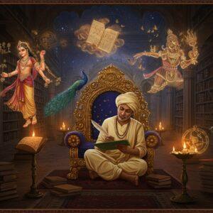 A majestic Indian scholar in cream-colored silk dhoti seated on an ornate golden throne, illuminated by warm candlelight, writing Sanskrit scriptures on palm leaves with a traditional quill. Behind him, a grand library with intricately carved wooden shelves filled with ancient manuscripts and copper plates. The scene features floating, ethereal visualizations of Kalidasa's works - a graceful Shakuntala dancing amidst peacocks, scenes from Meghaduta with clouds carrying messages, and mathematical formulas from Aryabhata's works rendered in glowing golden light. The background showcases classical Gupta architecture with detailed pillars and arches adorned with mathematical patterns and astronomical symbols. Soft light filters through ornate jharokha windows, creating a mystical atmosphere. The color palette consists of rich maroons, deep blues, and burnished gold. The art style combines traditional Madhubani patterns in the borders with modern digital painting techniques, creating a surreal yet historically accurate scene. The lighting emphasizes the golden age of classical Sanskrit literature, with ethereal glowing manuscripts floating in the air.