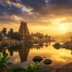 A majestic sunset scene of Hampi's ancient Virupaksha temple reflecting in the crystal-clear Tungabhadra River, with massive granite boulders scattered artistically along the riverbank. The temple's gopuram is intricately detailed with traditional South Indian architecture, rendered in rich terracotta and deep gold hues. Foreground features banana plantations with emerald green leaves swaying gently. Giant balanced rocks create natural formations, with a few boulders precariously positioned. Soft, ethereal light bathes the scene, creating long shadows and golden reflections on the water. Small coracles float on the river, piloted by local boatmen in traditional dress. Palm trees line the riverbank, their fronds catching the golden light. The sky features dramatic clouds in shades of saffron, purple, and deep blue, with rays of sunlight breaking through. Ancient stone mantapas and pillared structures blend seamlessly with the natural landscape. The scene combines both Hampi's architectural grandeur and natural beauty in Madhubani-inspired artistic style, with intricate patterns in the water ripples and cloud formations. Mystical atmosphere enhanced by soft glowing orbs of light around the temple spires.