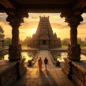 A majestic aerial view of ancient Hangal temple complex during golden hour, with intricate Hoysala architecture in rich detail, featuring ornate stone carvings and sculptures. The 900-year-old Tarakeshwara temple stands prominently in center, its stepped pyramid structure rising dramatically against a warm sunset sky with mystical clouds. The foreground shows detailed stone reliefs depicting scenes from Hindu mythology in Chalukyan style. Surrounding the temple are blooming lotus ponds reflecting golden light. Two traditionally dressed Indian visitors (man and woman) in contemporary ethnic wear walk through an ancient stone archway, their silhouettes casting long shadows. Ethereal rays of sunlight filter through temple pillars, illuminating the intricate ceiling carvings. The scene includes symbolic elements of Hangal's history - carved lions, flowering trees, and geometric patterns typical of Kadamba architecture. Art style combines hyperrealistic architectural details with spiritual atmospheric lighting, deep warm colors like saffron and burgundy, with touches of peacock blue in shadows. The composition emphasizes depth and grandeur with dramatic perspective.