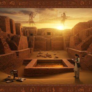Ancient Harappan ruins at golden hour, majestic red brick structures emerging from desert sands, with the iconic Great Bath in the foreground reflecting orange sunset light. Intricate Indus Valley seals and pottery patterns adorning the borders in Madhubani art style. A modern Indian female archaeologist in khaki clothing examining artifacts while traditional Pattachitra-style motifs of bulls, unicorns, and the dancing girl statue float ethereally in the background. The scene features detailed architectural elements including the granary, carefully laid drainage systems, and the citadel. Mystical golden light streams through ancient doorways, creating dramatic shadows. Photorealistic texturing on the weathered bricks, with subtle digital enhancement showing preserved geometric city planning grid lines glowing beneath the surface. Carved patterns and symbols from Harappan seals integrate seamlessly into the composition. The color palette combines earthen terracotta, deep bronze, and subtle turquoise with modern gradient lighting effects. Hyper-detailed archaeological tools and measuring equipment scattered realistically in the foreground. Style merges documentary photography with magical realism, 8k resolution, cinematic lighting.