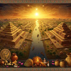 An aerial view of ancient Harappa and Mohenjo-daro cities connected by the flowing Indus River, rendered in rich gold and deep terracotta tones. The cities feature precise grid-pattern streets, grand public baths with stepped wells, and the Great Granary with intricate brickwork. In the foreground, detailed artifacts including the Dancing Girl bronze statue, unicorn seals, and pottery with Indus script are arranged artistically. The scene is illuminated by a warm, mystical light with floating lotus petals. The architectural details show advanced drainage systems and two-story buildings with precise geometric patterns. The style combines traditional Madhubani art patterns in the borders with modern digital art techniques, creating a surreal, ethereal quality. The color palette includes deep indigo, burnt sienna, and golden ochre. Intricate mandalas float in the sky, containing symbols of ancient trade routes. The scene includes small figures of merchants trading, priests performing rituals, and craftsmen at work, all wearing period-accurate clothing. The overall composition suggests advanced civilization, spirituality, and technological achievement.