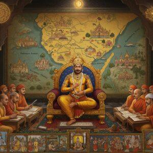A majestic scene depicting Emperor Harshavardhana in an ornate golden throne, wearing a detailed royal attire with precious gems and pearls, sitting in his grand durbar hall. The emperor is surrounded by Sanskrit scholars writing on palm leaves, their expressions focused and dedicated. The architecture features intricate Gupta-style pillars and arches with detailed carvings. Behind him, a large artistic map of his empire stretches from Thanesar to Kannauj, rendered in traditional Madhubani style with gold leaf accents. The scene includes Buddhist monasteries, Hindu temples, and Chinese traveler Xuanzang in his monk robes, symbolizing the cultural exchange of the era. The lighting is dramatic with warm golden hues, creating an ethereal atmosphere. In the foreground, detailed miniature scenes showcase important events from Harsha's life - his military campaigns, patronage of arts, and Buddhist ceremonies. The art style combines traditional Indian miniature painting techniques with modern digital art, featuring rich jewel tones of royal blue, deep maroon, and burnished gold. Floating lotus petals and glowing mandalas frame the composition, while subtle spiritual symbols are woven into the backdrop.