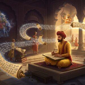 A majestic ancient Indian scriptorium set in a royal palace, featuring an illuminated Sanskrit scholar (Banabhatta) in rich golden dhoti and angavastram, seated cross-legged on an ornate marble platform. He's writing with a traditional reed pen on palm leaves, surrounded by floating, ethereal visions from his works - King Harsha on a magnificent elephant in one corner, Princess Kadambari in royal attire in another. The scene is adorned with intricate Madhubani-style borders featuring peacocks, lotuses, and royal court scenes. Swirling, luminescent threads of poetry in stylized Sanskrit connect these visions. The lighting is dramatic with warm golden rays filtering through ornate palace windows, creating a mystical atmosphere. Multiple scrolls and manuscripts float in a spiral pattern around the scholar, their edges glowing with a subtle blue aura. The color palette includes deep royal purples, burnished gold, rich maroon, and touches of peacock blue. The art style merges classical Indian miniature painting techniques with modern digital fantasy art, creating a surreal yet historically authentic atmosphere.