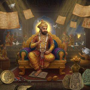 A majestic scene depicting Emperor Harsha seated on an ornate golden throne in a grand Pushyabhuti dynasty court, wearing elaborate royal attire with precious gems and pearls. The background features intricate Madhubani-style patterns showing scenes from his life - scholars writing on palm leaves, military campaigns, and Buddhist monasteries. A ethereal glow emanates from ancient manuscripts floating in the air, their pages illuminated with Sanskrit text in gold. The foreground shows archaeological artifacts - coins, inscriptions, and royal seals rendered in photorealistic detail. The color palette combines deep royal blues, burgundy reds, and burnished golds. Multiple translucent layers show the passage of time - from ancient India to modern archaeological discoveries. Spiritual motifs like lotus flowers and peaceful doves frame the scene. The lighting is dramatic with rays of golden light streaming through ornate palace windows. The art style seamlessly blends traditional Indian miniature painting techniques with modern digital art aesthetics, creating a surreal yet historically accurate atmosphere. Archaeological tools and modern research elements are subtly woven into the traditional scene.