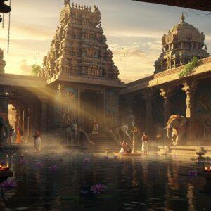 A majestic ancient South Indian temple complex at golden hour, featuring a towering gopuram with intricate Dravidian architecture, adorned with detailed stone carvings of deities and mythological scenes. The foreground shows a serene water reflection pool with floating lotus flowers, creating perfect symmetry. The temple walls showcase elaborate Madhubani-style murals in deep indigo, maroon, and gold, depicting scenes from Hindu mythology. Mystical rays of sunlight filter through ornate pillared corridors, casting dramatic shadows. Stone elephants guard the entrance, decorated with traditional temple jewelry. Ethereal mist surrounds the temple base, with glowing diyas and incense smoke adding atmosphere. The scene incorporates modern digital art elements with traditional Indian architectural details, enhanced by subtle particle effects and a warm color palette of saffron, deep burgundy, and turquoise. Several devotees in traditional Indian attire are seen performing rituals, their silhouettes creating dynamic compositions. Photorealistic rendering with magical realism elements, cinematic lighting, ultra-detailed, epic composition.