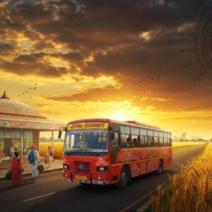 A majestic red and yellow Haryana Roadways bus, gleaming under the golden sunset, traveling on a well-maintained highway with wheat fields on both sides stretching to the horizon. The bus design features traditional Haryanvi motifs in Madhubani style along its sides in bright colors. In the foreground, a modern bus station with glass and steel architecture, decorated with intricate mandala patterns. The scene includes passengers - a mix of rural and urban Indians, dressed in both traditional and modern attire, waiting with their luggage. The sky features a dramatic blend of saffron and peacock blue, with stylized clouds in Pattachitra art style. Small details include a few peacocks (Haryana's state bird) in the wheat fields, and distant glimpses of modern city buildings. The lighting creates a warm, welcoming atmosphere with lens flares and golden hour glow. The artwork should merge photorealistic textures with digital art techniques, maintaining a clean, professional look suitable for a travel website.