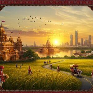 A panoramic view of Haryana's landscape blending modern and traditional elements, featuring the iconic Kingdom of Dreams' grand facade with its Indo-gothic architecture in the foreground, illuminated with warm golden lights. The scene transitions into lush green fields of wheat swaying in the wind, with traditional Haryanvi farmers in colorful turbans tending to their crops. In the middle ground, the sacred Brahma Sarovar of Kurukshetra reflects the setting sun, creating a mystical golden glow, surrounded by ancient temples with intricate Nagara architecture. The background showcases the ultramodern Gurugram skyline with glass-and-steel buildings, their surfaces catching the evening light. Flying migratory birds cross the sky, while traditional bullock carts and modern cars share a winding road. The composition includes subtle elements like traditional Phulkari embroidery patterns framing the scene, rendered in deep maroons and saffron. The art style combines hyperrealistic digital techniques with traditional Indian Miniature painting elements, featuring rich, saturated colors and intricate details. The lighting creates a dreamy, ethereal atmosphere with soft golden hour glow.