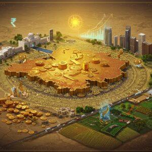 A grand, stylized aerial view of Haryana state rendered in traditional Madhubani art style with modern digital elements, showing a golden map of Haryana emerging from intricate mandala patterns. The map transforms into flowing streams of coins, currency notes, and digital payment symbols. Key landmarks like the Gurugram cybercity rise from the landscape in metallic gold and peacock blue hues. Traditional Haryanvi motifs and patterns frame the composition, with phulkari embroidery patterns morphing into graphs and financial charts. A glowing chakra wheel symbolizing progress sits at the center, emanating rays of light in saffron and deep maroon. Modern office buildings and agricultural fields are interwoven with digital elements like floating holographic rupee symbols and growth arrows. The scene is illuminated by a gradient of warm golden light from above, casting intricate shadows. The overall composition should have a clean, corporate feel while maintaining Indian artistic elements, with detailed line work and rich textures in a modern digital art style.
