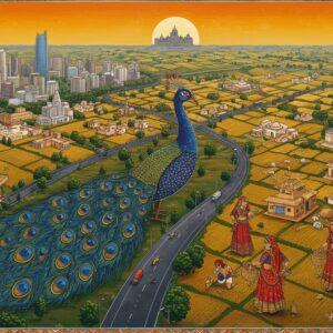 A vibrant aerial view of Haryana's landscape at golden hour, showing a harmonious blend of modern cities and rural villages. In the foreground, a large decorative Madhubani-style peacock (state bird) composed of intricate patterns in deep blues and greens spreads its tail, which transforms into a flowing map of Haryana's districts. The urban skyline of Gurugram with its glass-and-steel buildings rises on one side, while traditional mud houses with geometric Haryanvi patterns and farming fields extend on the other. Women in colorful Haryanvi ghagra-choli work in mustard fields that gleam golden. Modern highways intersect the scene like silver ribbons. The composition includes subtle cultural motifs like wrestlers practicing in an akhaada, and the Brahma Sarovar of Kurukshetra reflecting sunset colors. The scene is rendered in rich, saturated colors - saffron, deep blue, emerald green, and burnished gold, with intricate Indian patterns forming the borders. The art style combines hyperrealistic architectural details with traditional Indian miniature painting techniques, creating a surreal yet informative visual narrative.