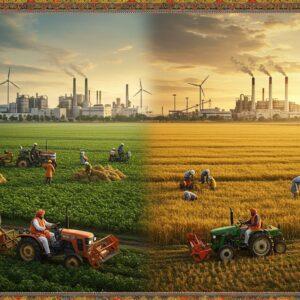 A panoramic aerial view of Haryana's landscape divided into two harmonious halves - one side showcasing modern industrial development with gleaming steel factories, IT parks, and automotive manufacturing units in chrome and glass, the other side depicting vast golden wheat fields and verdant agricultural lands. In the foreground, a modern Indian farmer in traditional kurta-pajama operates an advanced tractor alongside sophisticated farming equipment, while behind him, agricultural workers harvest crops using both traditional and modern methods. The industrial side features workers in safety gear operating machinery. The scene is rendered in rich, vibrant colors - deep greens of crops, golden wheat fields, and modern metallic tones of industry. Intricate Madhubani-style patterns frame the composition, featuring motifs of wheat stalks, gears, and industrial symbols. The lighting is dramatic with a warm golden sunset casting long shadows across both agricultural and industrial landscapes. Small details include modern windmills, solar panels, irrigation systems, and smoke stacks with clean emissions. The style combines hyperrealistic photography with traditional Indian art elements, creating a modern yet culturally rooted aesthetic.