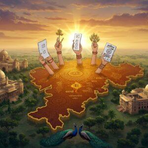 A grand aerial view of Haryana's iconic landscape with modern government buildings seamlessly blending with traditional architecture, centered around a stylized map of Haryana rendered in traditional Madhubani art style. The map glows with deep saffron and gold hues, decorated with intricate patterns. Multiple hands, symbolizing democracy and leadership, emerge from the map, holding various symbols of governance - a voting ballot, the Indian constitution, and agricultural symbols. The scene is illuminated by a rising sun casting warm golden light, with peacocks (Haryana's state bird) perched majestically in the foreground. Modern glass-and-steel buildings reflect the sunlight, while traditional administrative buildings showcase Indo-Saracenic architecture. Surrounding the central composition are subtle mandala patterns in peacock blue and maroon, incorporating miniature vignettes of rural and urban Haryana. The artwork combines photorealistic architectural elements with surreal, spiritual symbolism, rendered in a modern digital art style while maintaining traditional Indian art sensibilities.