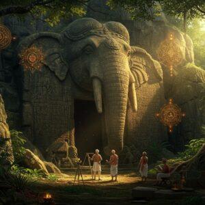 A majestic ancient cave entrance carved into a weathered rocky hillside, with intricate Brahmi script elegantly etched on its natural stone walls. The cave opening resembles an elephant's mouth, surrounded by lush tropical vegetation and ancient banyan trees with hanging roots. In the foreground, a detailed scene shows an archaeologist in 1820s British colonial attire (representing Andrew Sterling) studying the inscriptions with a magnifying glass, while two Indian scholars in traditional 19th-century clothing assist him. The scene is illuminated by warm, golden sunlight filtering through the trees, creating dramatic shadows that highlight the texture of the rock face. Floating ethereal mandalas and sacred geometric patterns in soft saffron and gold hover in the background, merging with the natural rock patterns. The art style combines hyperrealistic archaeological detail with mystical Indian elements, featuring a color palette of deep earthy browns, forest greens, and ancient stone grays, accented with touches of spiritual gold. Small details like ancient oil lamps, measuring tools, and documentation scrolls are scattered around the scene. The atmosphere suggests both historical accuracy and ancient mystery.