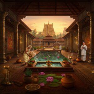 A serene traditional Kerala hospital courtyard with intricate Madhubani-style architecture, featuring a central healing pool filled with lotus flowers and medicinal herbs. In the foreground, an elderly Ayurvedic vaidyan in cream mundu and angavastram tends to herbs in traditional bronze vessels, while a modern doctor in white coat stands nearby, symbolizing medical integration. The scene is divided into two harmonious halves - one side showcasing traditional healing methods with banana leaf manuscripts, copper vessels, and healing oils in earthen pots, the other displaying modern medical equipment with a subtle metallic sheen. Warm golden light filters through ornate wooden pillars, casting intricate shadow patterns. Traditional Kerala-style oil lamps illuminate the space with a soft glow. The walls feature detailed Pattachitra-style murals depicting healing practices through ages. In the background, the iconic Padmanabhaswamy Temple spires rise against a dawn sky in peacock blue and gold. The entire scene is rendered in rich, deep colors - maroon, saffron, and teal, with golden accents highlighting key elements. Ethereal wisps of medicinal herb smoke create a mystical atmosphere, while detailed mandala patterns adorn the pillars and floor tiles.