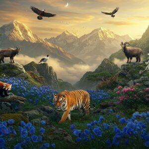 An ethereal Himalayan landscape at golden hour, featuring a majestic Bengal tiger walking through blooming Himalayan blue poppies and rhododendrons in the foreground. Snow-capped peaks in the background with swirling golden mist. A red panda perched on a moss-covered branch, watching the scene. Himalayan tahr gracefully standing on rocky outcrops. Flying overhead, a lammergeier with its distinctive wingspan. The scene is dotted with prayer flags adding splashes of color. Rich details of medicinal herbs like cordyceps and rare orchids growing among the rocks. Ethereal lighting with soft golden rays filtering through clouds, creating a mystical atmosphere. Art style combines traditional Thangka painting techniques with modern digital art, featuring intricate patterns and mandala-like arrangements in the flora. Deep emerald greens, royal blues, and warm golds dominate the color palette. Ultra-detailed 8k resolution, photorealistic texturing with magical surreal elements, atmospheric depth.