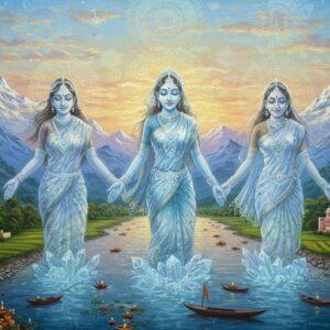 A majestic panoramic view of snow-capped Himalayan peaks at dawn, with three sacred rivers (Ganges, Yamuna, and Brahmaputra) flowing as luminous, ethereal streams of crystal-blue water. The rivers are personified as three Indian goddesses in flowing blue and white sarees, their forms partially merging with the water. Their hair flows like the river itself, adorned with lotus flowers and himalayan crystals. The scene features ancient temples and modern cities along the riverbanks, rendered in Madhubani-inspired patterns. The foreground shows a gradient transition from lush green agricultural fields to urban developments, all sustained by the rivers. Floating oil lamps (diyas) and marigold flowers dot the waters. The sky features surreal, swirling patterns in soft pastel blues and golden hues, with transparent mandalas appearing in the clouds. Sacred peaks like Mount Kailash are visible in the background, rendered with intricate Pattachitra-style detailing. The lighting is mystical, with a combination of golden sunrise glow and the ethereal blue radiance of the rivers. The overall composition creates a harmonious blend of nature, spirituality, and human civilization, all connected by the flowing waters.