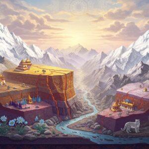 A majestic cross-section view of the Himalayas showing multiple layers of geological formation, with the Indian and Eurasian tectonic plates depicted in rich gold and deep burgundy colors meeting dramatically. The scene features towering snow-capped peaks rendered in pristine white with intricate Madhubani-style patterns in the rock formations. A flowing river system in vibrant peacock blue weaves through the mountains, with small Buddhist monasteries perched on cliffs. The foreground showcases a rich ecosystem with sacred Himalayan flowers like blue poppies and edelweiss in pastel hues, while snow leopards and Himalayan tahr appear as elegant silhouettes. Ethereal mist in soft lavender and pale pink tones swirls around the peaks. The scene incorporates delicate mandala patterns in the sky, suggesting ancient time cycles. The lighting creates a dramatic effect with golden sunrays filtering through clouds, highlighting the majestic scale of the mountain range. The art style combines photorealistic geological details with traditional Indian artistic elements, rendered in a modern digital aesthetic with deep textures and atmospheric perspective.