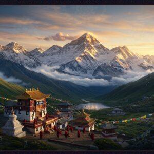 A majestic panoramic view of the snow-capped Himalayan mountain range at sunrise, with Mount Everest prominently featured in the center, its peak piercing through golden-pink clouds. The foreground showcases a terraced monastery in traditional Tibetan architecture with prayer flags fluttering in the wind, their vibrant colors (red, blue, yellow, white, green) contrasting against the white snow. The scene is rendered in a fusion of hyperrealistic and traditional Thangka painting style, with intricate mandala-like patterns in the sky. The landscape transitions from lush green valleys with rhododendron forests in the lower regions to rocky terrains and pristine snow in higher altitudes. Crystal-clear mountain lakes reflect the peaks like mirrors. Prayer wheels and small stupas dot the monastery courtyard, while a group of monks in maroon robes perform morning rituals. The lighting is ethereal, with golden sun rays breaking through the clouds, creating a divine atmosphere. The scene includes local wildlife like snow leopards and Himalayan tahr subtly placed in the mountainscape. The color palette combines deep blues of the mountain shadows, golden sunrise hues, and the pure white of the snow, all rendered in ultra-high definition digital art style.