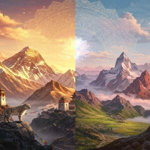 A majestic split-screen digital illustration showcasing the Himalayas on the left and diverse mountain ranges on the right, separated by an ornate golden mandala pattern. The Himalayan side features snow-capped peaks of Mount Everest with prayer flags fluttering, ancient monasteries perched on cliffs, and a mystical snow leopard gracefully poised on a rocky outcrop. The peaks are bathed in warm sunrise colors of saffron and gold. The right side shows a dynamic composition of the Alps with green meadows, Rocky Mountains with red-rock formations, and Andes with distinctive brown peaks. A large ethereal lotus flower floats in the center, connecting both halves. The scene is enhanced with swirling clouds in pastel blues and pinks, creating a dreamy atmosphere. The art style combines photorealistic mountain textures with traditional Indian Thangka painting elements, featuring intricate details and patterns in the clouds and rocks. Soft glowing orbs of light scatter across the scene, while digital particles and sacred geometry patterns add a modern touch. The lighting emphasizes the dramatic scale and majesty of the mountains, with golden rim lighting on the peaks.