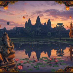 A majestic Angkor Wat temple emerging from morning mist, rendered in intricate Madhubani-style patterns, with traditional Hindu motifs seamlessly blending into Khmer architecture. The temple reflects in a serene pool, creating perfect symmetry. In the foreground, an ornate stone Ganesha statue with traditional Southeast Asian artistic elements sits beside blooming lotus flowers. The scene features a harmonious color palette of deep indigos, burnt oranges, and gold leaf accents. Floating paper lanterns and delicate frangipani flowers frame the scene. Hindu-Buddhist hybrid celestial beings (Apsaras) in traditional Southeast Asian costumes dance gracefully in the corners, their movements captured in flowing lines reminiscent of Pattachitra art style. The sky shows a gradient from dawn pink to deep purple, with intricate mandala patterns subtly visible in the clouds. Rays of golden light pierce through the temple towers, creating a divine atmosphere. The entire composition is enhanced with detailed carvings showing scenes from Ramayana and Mahabharata in Southeast Asian artistic style.