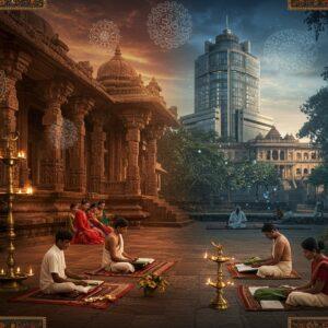 A grand, cinematic scene of an ancient Indian gurukula monastery in Karnataka, with traditional stone architecture featuring intricate Hoysala-style carvings. In the foreground, students in traditional attire sit cross-legged on decorative mats, learning from palm leaves. Behind them, a modern glass-and-steel university building rises, creating a striking visual transition through time. The scene is illuminated by both traditional brass oil lamps and modern lighting, casting a warm golden glow. Detailed Madhubani-style patterns frame the scene, incorporating symbols of knowledge like peacocks, lotus flowers, and books. The color palette transitions from deep earthen tones (terracotta, bronze, deep red) in the traditional section to sleek blues and silvers in the modern portion. Floating mandalas and sacred geometry patterns connect both eras. The architecture showcases famous Karnataka educational landmarks like Mysore University's Crawford Hall. Ethereal light rays filter through ancient stone windows, creating a mystical atmosphere. The scene includes subtle references to different periods of Karnataka's educational history through architectural elements and teaching tools, from ancient palm leaves to modern tablets. Hyperrealistic digital art style with magical realism elements.
