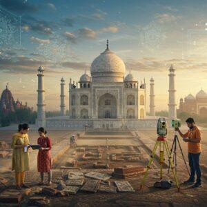 A majestic aerial view of the Taj Mahal at golden hour, with two Indian archaeologists (male and female) in modern field attire working in the foreground. The female archaeologist wearing a kurta and field pants is carefully documenting artifacts using a tablet, while the male archaeologist in professional field wear is using advanced scanning equipment. Between them lies an organized array of archaeological tools - trowels, brushes, and modern surveying equipment. The scene is enriched with floating, ethereal Madhubani-style patterns in gold and deep blue, forming architectural blueprints and geometric patterns in the sky. Traditional Indian motifs seamlessly blend with modern technological elements, creating a digital hologram effect. The lighting is warm and professional, with sun rays creating dramatic shadows across the Taj Mahal. In the background, subtle watercolor-style renderings of other famous Indian monuments like Konark Sun Temple and Ajanta Caves float like translucent visions. The color palette focuses on professional blues, earthy browns, and touches of gold, with ambient dust particles catching the sunlight. Hyperrealistic digital art style with photographic quality.