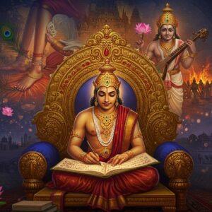 A majestic scene depicting Prince Ilango Adigal seated in padmasana on an ornate golden throne, wearing traditional Chera royal attire with rich maroon and gold details. He's illuminated by ethereal light, writing on a palm leaf manuscript. Behind him, a large, intricate mandala merges with scenes from Silappatikaram - Kannagi holding her anklet in one panel, the burning city of Madurai in another, and Kovalan with his veena in the third. The background features a seamless blend of ancient Tamil architecture and modern cityscape silhouettes. Floating lotus flowers and peacock feathers frame the composition. The art style combines traditional Tanjore painting techniques with modern digital art, featuring rich colors like deep blues, royal purples, and burnished gold. Soft glowing orbs of light scatter across the scene, while Tamil motifs and patterns create intricate borders. The lighting is dramatic yet ethereal, with golden rays emanating from the manuscript, symbolizing the spread of wisdom across time.