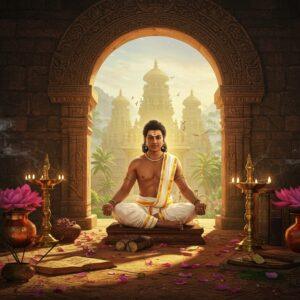 A majestic scene depicting an ancient Tamil royal court, featuring a young Ilango Adigal in princely attire (white silk veshti with gold borders) seated in Padmasana pose beneath a grand stone archway adorned with Chera dynasty motifs. He's surrounded by palm leaf manuscripts and ancient Tamil texts. The background shows the distinctive architecture of ancient Vanchi (modern-day Karur), with towers and pillars featuring intricate Sangam-era carvings. Soft, ethereal light filters through the archway, creating a golden halo effect around him. The scene includes symbolic elements: a peacock feather pen, traditional bronze oil lamps, and blooming lotus flowers in copper vessels. The color palette combines deep royal blues, rich golds, and earthy terracotta tones. The art style merges traditional Tanjore painting techniques with modern digital art, featuring metallic accents and intricate patterns. The composition includes subtle references to the Chera dynasty's symbols like the bow emblem. The overall atmosphere is scholarly and regal, with a mystical quality enhanced by swirling smoke from incense holders and scattered flower petals. Highly detailed in 8k resolution, cinematic lighting with depth of field.