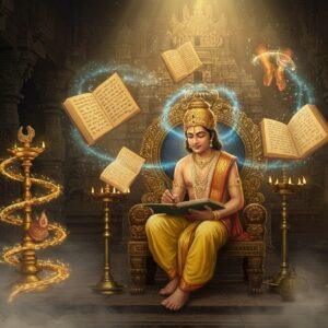 A majestic scene depicting a young, scholarly Indian prince in royal attire (gold-embroidered silk dhoti, crown with precious gems) seated in Padmasana pose on an ornate throne. He's writing on palm leaves with a stylus, surrounded by floating, ethereal manuscripts of Silappatikaram glowing with golden Tamil scripts. The background features a grand Chola-era temple architecture with intricate carved pillars and demon faces. Magical whisps of light connect the manuscripts to his mind, symbolizing divine inspiration. The scene is illuminated by warm golden light from brass temple lamps, creating dramatic shadows. In the foreground, symbolic elements from Silappatikaram - an anklet, a pair of dancing feet, and a merchant's scales - hover in a spiral pattern. The art style combines traditional Tanjore painting techniques with modern digital art, featuring rich jewel tones (deep maroon, royal blue, gold) and metallic accents. Mystical fog swirls at the base, giving the scene an otherworldly quality. The composition should be cinematic and epic in scale, with rays of divine light streaming through temple windows.