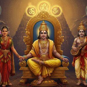 A majestic scene depicting Prince Ilango Adigal seated in lotus position on an ornate golden throne, wearing royal Tamil attire with traditional silk veshti and angavastram. Behind him rises a massive stylized Tamil temple architecture with intricate Dravidian gopuram details in deep maroon and gold. To his left, Kannagi stands holding her iconic anklet, rendered in the Pattachitra style with flowing hair and traditional Tamil dress. To his right, Kovalan with his veena, painted in Madhubani style. The background features a swirling pattern of Tamil scripts transforming into peacocks and lotuses. Three interlinked rings representing the three books of Silappatikaram float above, emanating a divine glow. The scene is bathed in warm golden light with hints of deep blues and rich crimsons. Ethereal miniature scenes from the epic float in translucent spheres around the composition - a city burning, a dancing maiden, and a royal court. Artistic style merges classical Tamil paintings with modern digital art, maintaining cultural authenticity with a contemporary aesthetic.