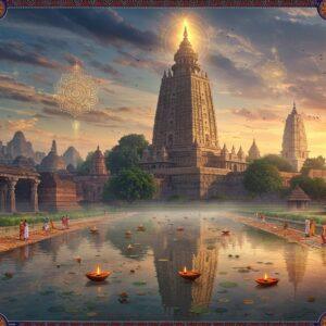 A grand panoramic view of Bihar's iconic landmarks seamlessly blending together in a dreamlike composition, centered around the majestic Mahabodhi Temple with its ornate spire glowing in golden light. To the left, the ancient Nalanda University ruins emerge from morning mist, with carved stone pillars and Buddhist stupas. The right features the serene Gol Ghar granary against a sunset sky. In the foreground, the pristine Ghora Katora Lake reflects these monuments like a mirror. Traditional Madhubani art patterns frame the scene, featuring peacocks, lotus motifs, and concentric circles in deep indigo, saffron, and maroon. Floating golden mandalas and subtle sacred geometry patterns enhance the spiritual atmosphere. The lighting is ethereal, with soft rays filtering through clouds, creating a mystical ambiance. Small groups of pilgrims in traditional Indian attire walk along decorated pathways. Style combines hyperrealistic architectural details with mystical Indian art elements, rendered in rich, vibrant colors with a modern digital finish. The scene exudes both historical grandeur and spiritual tranquility, with floating diyas and lotus flowers adding magical elements.
