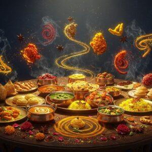 A stunning spread of traditional Indian dishes arranged in a circular mandala pattern on a intricately carved wooden table, with vibrant spices creating golden spiral patterns between the dishes. Central focus on a copper thali containing colorful curries, dal, and biryani. Surrounding dishes include butter chicken in deep red, emerald palak paneer, golden samosas, and saffron-hued desserts. Floating above are crystalline spice clusters - cardamom pods, star anise, cinnamon swirls, and turmeric roots emitting ethereal glows in their signature colors. Delicate Madhubani-style patterns in gold thread weave through the scene. Steam rises in artistic swirls, carrying the essence of the spices. The lighting is warm and dramatic, with rays of sunlight filtering through the steam. The scene is set against a deep indigo background with subtle paisley patterns. Scattered rose petals and marigold flowers add pops of color. The style combines photorealism with magical surrealism, enhanced by a soft ethereal glow and rich jewel tones characteristic of Indian miniature paintings.