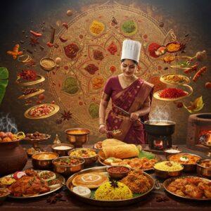 A grand Indian kitchen scene with ethereal lighting, featuring a skilled female chef in a traditional silk saree (deep maroon with gold border) creating culinary magic. The scene showcases floating spices in golden spirals - cardamom, cinnamon, star anise, and saffron strands dancing in the air. Multiple brass and copper utensils with intricate Madhubani patterns float around her. In the foreground, a beautifully arranged thali with regional dishes - butter chicken, dosas, biryani, and various colorful curries, each dish emitting a subtle golden steam. The background features a large, translucent mandala made of spice patterns in warm colors (turmeric yellow, paprika red, cardamom green). Traditional clay tandoor on one side glowing with ethereal flames. Decorative elements include banana leaves, lotus motifs, and paisley patterns integrated into the scene. The lighting is warm and dramatic, with soft spotlights highlighting the dishes. The art style merges hyperrealistic food photography with mystical Indian art elements, creating a surreal yet appetizing atmosphere. The scene incorporates floating diyas casting a warm glow over the entire composition.