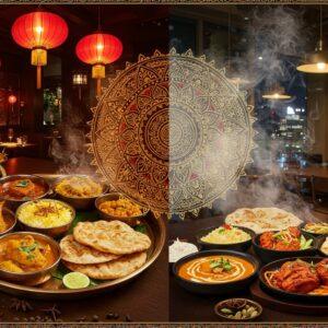 A stunning split-screen composition featuring two elegant Indian restaurant settings - one in Singapore's vibrant Clarke Quay and one in New York's Manhattan. On the Singapore side, a traditional brass thali filled with aromatic dishes like fish curry, roti prata, and biryani, garnished with curry leaves and lime, surrounded by Chinese lanterns and Peranakan tiles. On the USA side, a modern fusion presentation of butter chicken, garlic naan, and tandoori dishes on sleek black plates, with the NYC skyline visible through large windows. In the center, a large ornate golden mandala connects both scenes. Steam rises artistically from both spreads, carrying vibrant spices that form swirling patterns in the air. The lighting is warm and inviting on both sides - red lantern glow for Singapore, contemporary pendant lights for USA. Floating lotus flowers and intricate Madhubani-style borders frame the composition. The scene should have a hyperrealistic quality with rich, deep colors - especially golds, deep reds, and warm browns. The style should blend modern food photography with traditional Indian artistic elements.