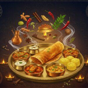 A grand traditional Indian kitchen scene with intricate Madhubani-style border patterns, featuring a magnificent circular brass thali in the center containing colorful regional dishes. The thali showcases distinctive regional specialties: Bengali fish curry with mustard seeds, South Indian dosa with coconut chutney, Rajasthani dal baati, Kashmiri rogan josh, and Gujarati dhokla, each dish emanating ethereal steam swirls. Surrounding the thali, floating in a spiral pattern, are iconic Indian spices - golden turmeric roots, red chili pods, cardamom pods, cinnamon sticks, and curry leaves, each with a subtle golden glow. The background features delicate mandala patterns in deep peacock blue and maroon, with small vignettes of regional cooking techniques in each corner. The lighting is warm and inviting, with soft golden rays highlighting the steam and spices. The scene incorporates traditional Indian cooking vessels like copper handi, clay pots, and iron kadai, arranged artistically. The overall composition follows a circular flow, with intricate Pattachitra-style decorative elements weaving throughout, rendered in a modern digital art style with photorealistic food details. The mood is warm, inviting, and celebrates the richness of Indian culinary heritage.