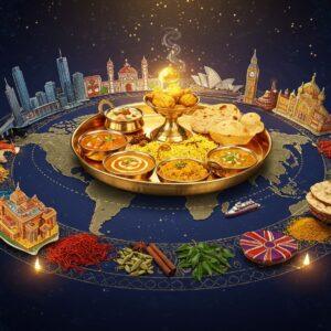 A mesmerizing fusion scene featuring a grand, ornate Indian thali in the center, floating above a stylized world map rendered in traditional Madhubani art style. The thali, made of polished brass, contains iconic Indian dishes - butter chicken, biryani, dal makhani, and naan - each dish emitting a golden ethereal glow. Surrounding the thali, modern interpretations of Indian restaurants from different cities spiral outward - a sleek Atlanta skyline, Auckland harbor, London's Big Ben, and Sydney Opera House, each crafted in vibrant jewel tones of peacock blue, deep maroon, and saffron. Swirling trails of aromatic spices - saffron threads, cardamom pods, cinnamon sticks, and curry leaves - create dynamic paths connecting these locations, rendered in intricate Phad-style patterns. The background features a gradient from deep indigo to warm gold, with delicate mandala patterns. Modern cooking elements like induction stoves and sophisticated kitchen tools blend seamlessly with traditional Indian cooking vessels. The lighting is warm and inviting, with soft spotlights highlighting the food. The entire scene is framed by a border of contemporary geometric patterns inspired by traditional rangoli designs. Photorealistic style with magical realism elements, 8k resolution, cinematic lighting.