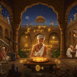 A grand, cinematic scene depicting ancient Indian scholars and inventors in a magnificent Sanskrit university courtyard, with intricate Madhubani-style golden pillars and archways. In the center, an Indian mathematician writes the zero symbol on a copper plate while geometric patterns and mathematical formulas float ethereally around him in glowing saffron light. To the left, astronomers study celestial bodies through ancient telescopes, with constellations visible in a deep peacock-blue sky above. To the right, Ayurvedic physicians work with herbs and surgical tools, surrounded by detailed botanical illustrations in rich maroon and gold. The foreground shows a partially constructed steel pillar representing metallurgy, with floating cogs and mechanical devices. The scene is illuminated by warm, golden light streaming through ornate jharokhas. Intricate mandala patterns integrate seamlessly with scientific diagrams, creating a fusion of spiritual and scientific elements. The entire composition is rendered in a style blending traditional Indian art with modern digital art techniques, featuring rich textures, dramatic lighting, and subtle particle effects. Small details include ancient surgical tools, chess pieces, and astronomical instruments scattered throughout the scene.