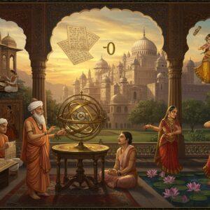 A majestic scene depicting ancient Indian prosperity, featuring a grand Nalanda University structure with ornate golden spires and intricate Gupta-style architecture in the background. In the foreground, a wise Indian sage in silk robes demonstrates astronomical concepts using a detailed brass armillary sphere, while students in period-accurate clothing gather around. To the left, skilled artisans craft detailed Ajanta-style paintings and delicate mathematical manuscripts. The right shows dancers performing classical Indian dance in elaborate costumes near a blooming lotus pond. The scene is illuminated by warm, ethereal golden light streaming through ornate jharokha windows. Floating above are symbolic elements: the zero symbol, Sanskrit manuscripts, and architectural blueprints rendered in shimmering gold. The color palette features rich royal blues, deep maroons, and lustrous golds, with intricate Madhubani-style border patterns framing the scene. The artwork combines hyperrealistic details with stylized Indian miniature painting techniques, creating a dreamy yet historically accurate atmosphere. The composition includes subtle references to Aryabhata's astronomical works and Kalidasa's literary contributions through symbolic elements.