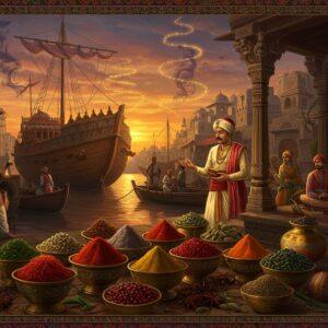 A richly detailed ancient Indian port city at sunset, with majestic wooden trading ships adorned with intricate Madhubani-style patterns docked at harbor. In foreground, an elegantly dressed Indian merchant in gold-threaded silk dhoti examines vibrant spices - saffron threads, cardamom pods, and peppercorns arranged in traditional bronze vessels. Behind him, a bustling marketplace with spice merchants in colorful period-accurate clothing trading with foreign traders from Arabia, Europe and China. Ethereal golden light illuminates spiraling trails of spice dust in the air. Scene decorated with hanging strings of marigold flowers and ornate Pattachitra-style border patterns. Mystical smoke from frankincense creates dreamy swirls in peacock blue and deep maroon hues. Traditional mandala patterns subtly woven into clouds. Photorealistic details of spices with hyperdetailed textures. Soft glowing auras around the spices emphasize their precious nature. Architecture features carved wooden pillars with traditional Indian motifs. Overall composition has surreal, magical quality while maintaining historical accuracy.